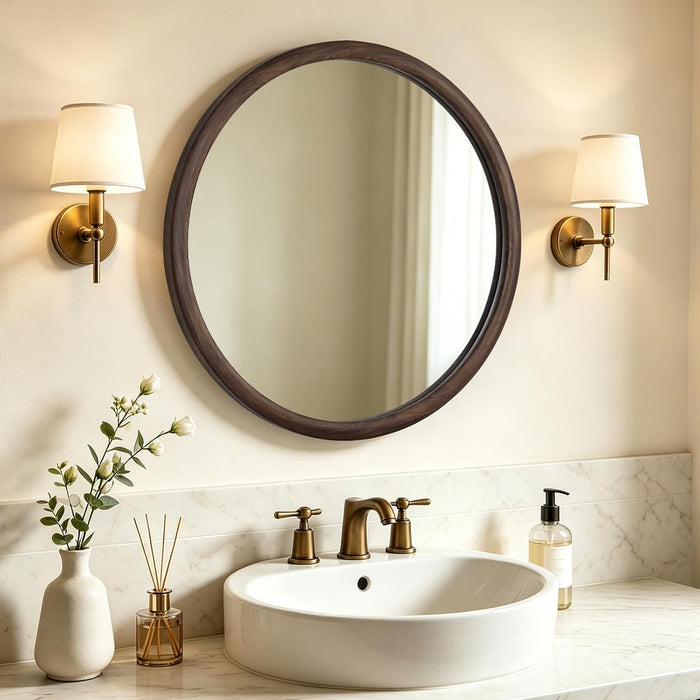 24 Inch round Mirror, Walnut Wood-Grain Foil Finish Circle Mirror for Bathroom, Entryway, Living Room, Bedroom and Vanity Decor