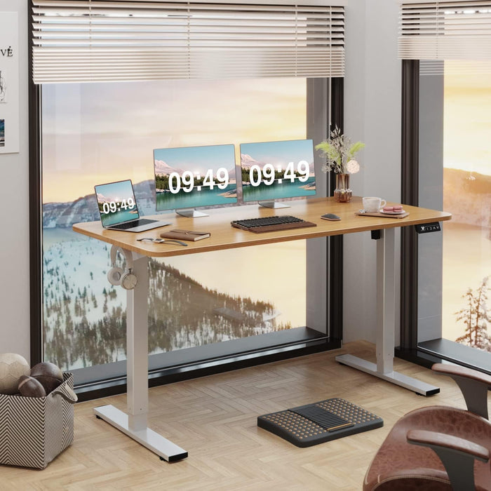 Electric Height Adjustable Standing Desk Large 55 X 24 Inches Sit Stand up Desk Home Office Computer Desk Memory Preset with T-Shaped Metal Bracket, Wood