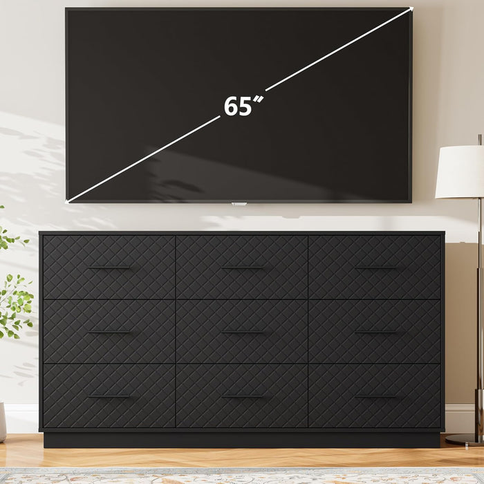 9 Drawers Dresser for Bedroom, 58” Wide Modern Chest of Drawers with Diamond Panel, Anti-Tipping Device, Wood Stable Storage Organizer for Bedroom, Nursery, Living Room