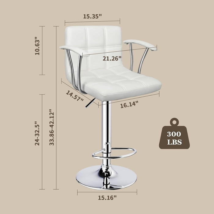 Bar Stools Set of 2,Armrest Adjustable Swivel Barstools with Back,Double Needle PU Leather Counter Height Bar Stools for Kitchen Island, White