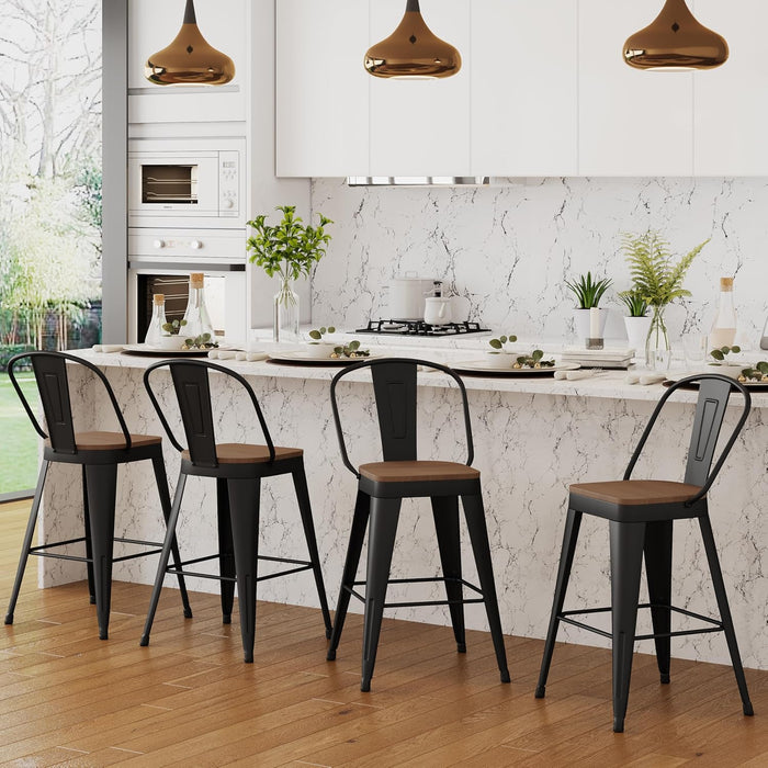 24 Inch Bar Stools Set of 4, Industrial Counter Height Barstools High Back Metal Bar Stools with Large Wood Seat Bar Chairs for Kitchen Island (24 Inch, Black)