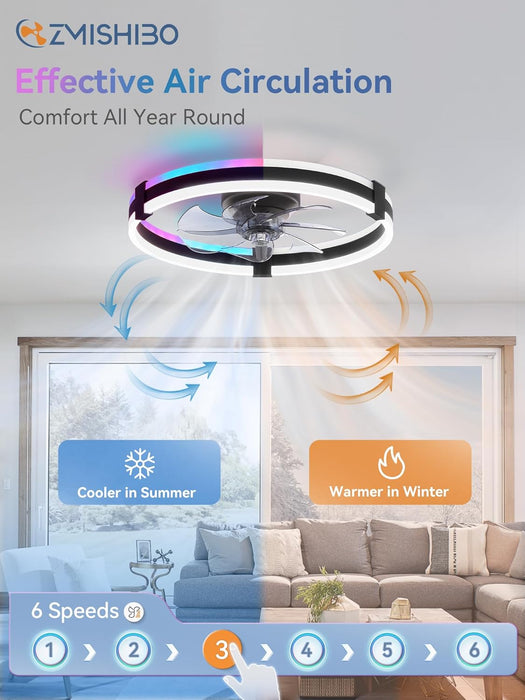 RGB Ceiling Fans with Lights and Remote, 20 Inch Low Profile Ceiling Fan with Light, 3000K-6000K Dimmable & RGB, Modern Fandelier Flush Mount Ceiling Fan, Small LED Fan for Bedroom