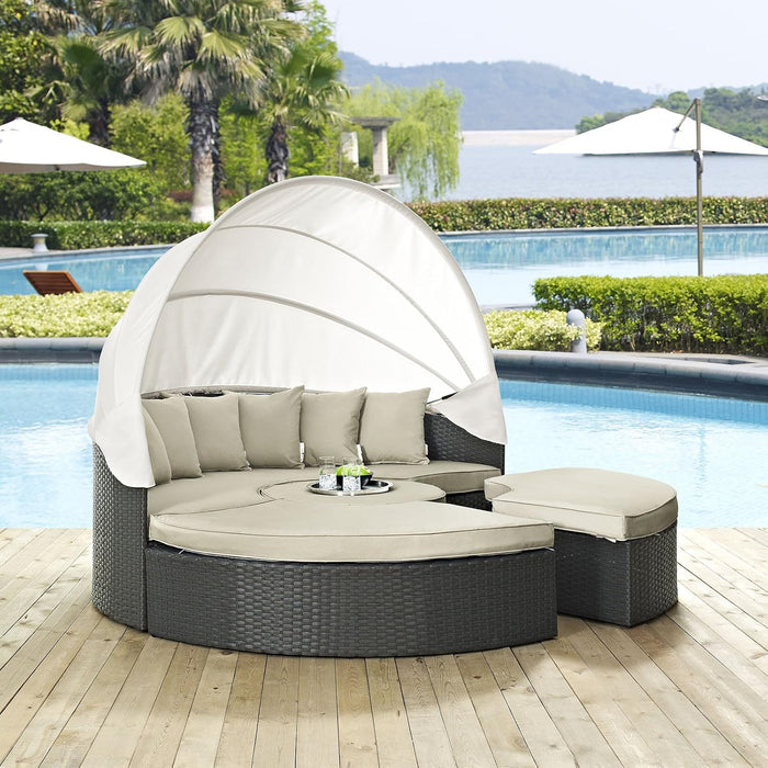 Sojourn Outdoor Patio Sunbrella Sectional Daybed with Canopy in Antique Canvas Beige