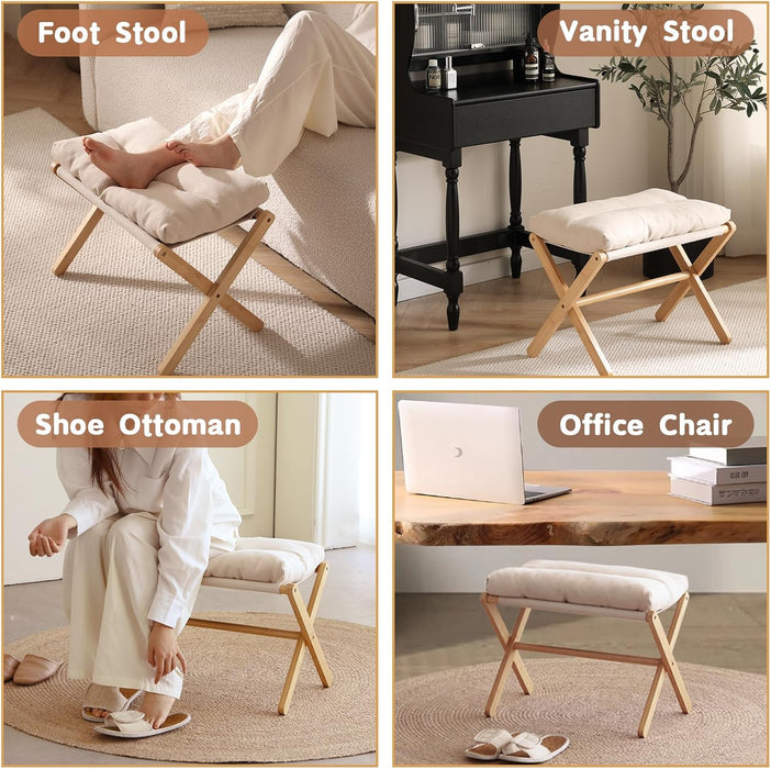 Ottoman Foot Rest- Bamboo Foldable Stool, Foot Stools Small Ottman with Upholstered & X Legs, Folding Stool for Makeup, Bedroom and Living Room (Large Beige)