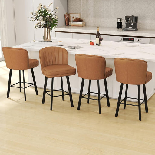 Swivel Counter Height Bar Stools Set of 4, 26'' Modern Barstools with Backs and Metal Legs, Upholstered Bar Chairs, Faux Leather Whiskey Brown Stools for Kitchen Island Chairs