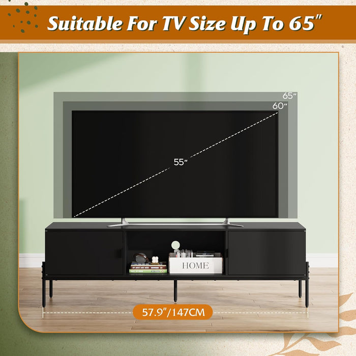 TV Stand for 65 Inch TV, Mid Century Modern Entainment Center with 2 Storage Cabinets & Open Shelf, TV Console Table Media with Metal Legs for Living Room, Bedroom, Black