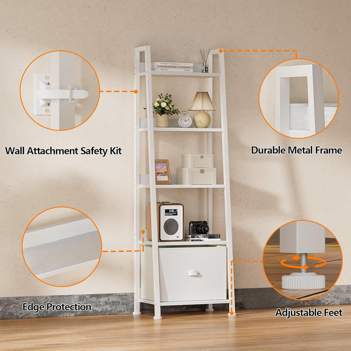 5-Tier White Ladder Shelf, Ladder Bookshelf with Removable Drawer, Mordern Bookcase Storage Rack Organizer, Wood Metal Freestanding Storage Shelves for Living Room, Home Office, Bedroom