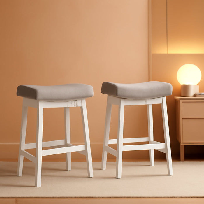 Bar Stools Set of 2, Barstools with Sturdy Wood Legs, Saddle Seat Counter Height Bar Stools for Kitchen Counter, Bar, Dining, 24 Inch Farmhouse Counter Stools, Light Gray
