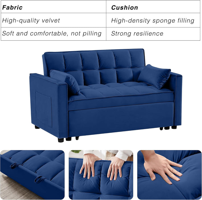 3 in 1 Convertible Sleeper Sofa Bed, Futon Couches for Living Room with Side Pocket | Adjustable Backrest| Velvet Fabric | Pull Out Couch | Recliner Loveseat | Sectional Sofa, Blue