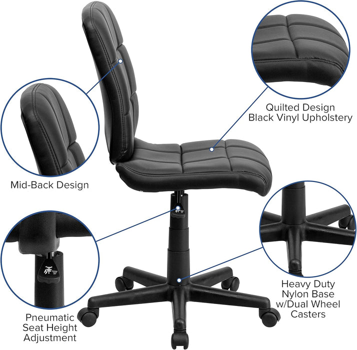 Clayton Mid-Back Tufted Vinyl Upholstered Swivel Desk Chair with Padded Seat, Modern Adjustable Height Padded Office Chair, Black