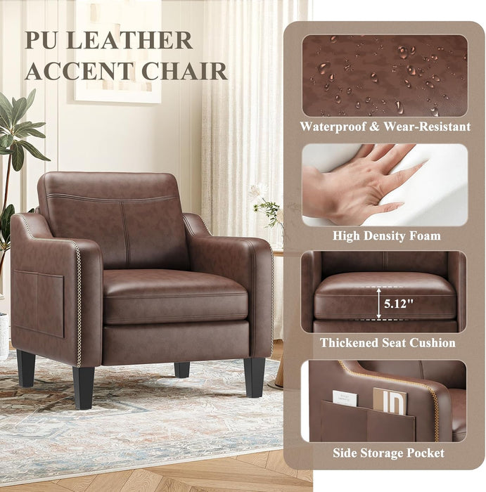 Mid-Century Modern PU Leather Accent Chair Set of 2, Chocolate Brown with Removable Cushions