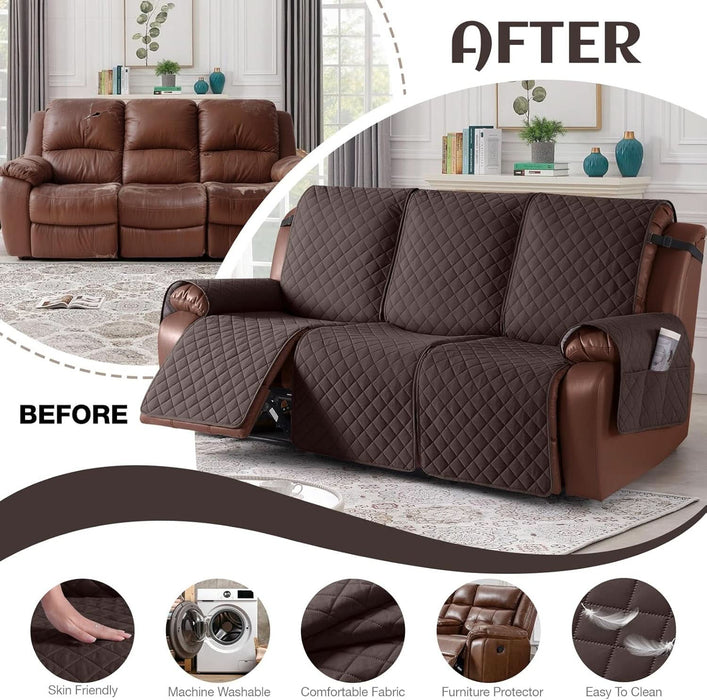 Waterproof Recliner Sofa Cover, Non-Slip Reclining Couch Covers for 3 Seat, Recliner Couch Cover Furniture Protector with Elastic Straps for Pets, Kids, Chocolate