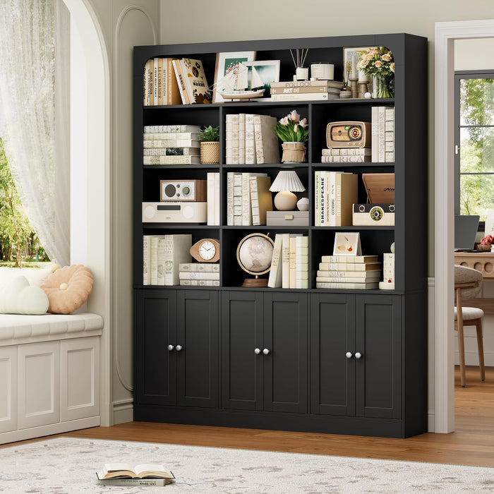 70.9" Bookcase Tall Bookshelf with Doors, Triple Wide Bookshelves