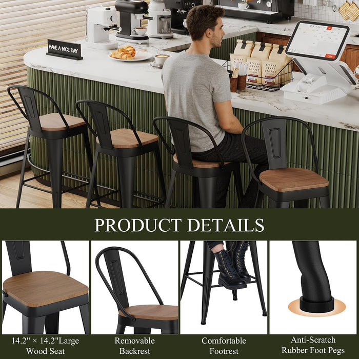 Metal Bar Stools Set of 4,24 Inch Barstools Counter Height Barstools with Backs Farmhouse Bar Stools with Larger Seat High Back Kitchen Dining Chairs Modern Bar Chairs Matte Black Stool