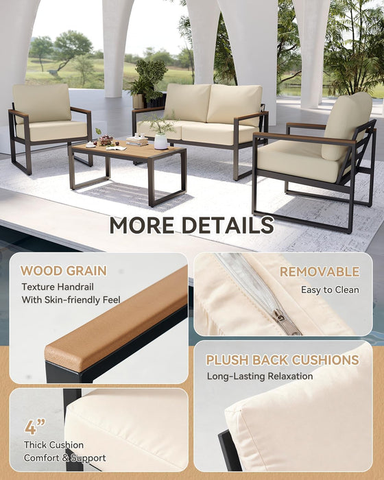 Patio Furniture Set, 4 Piece Outdoor Patio Furniture with Thick Cushions, Modern Metal Outdoor Conversation Sets with Coffee Table for Porch, Balcony, Deck Cream