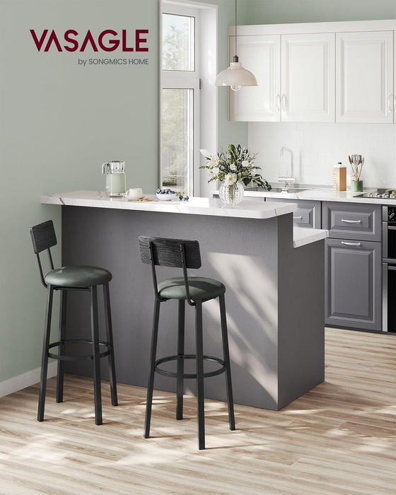 Bar Stools, Set of 2 PU Upholstered Breakfast Stools, 29.7-Inch Barstools with Back and Footrest, Simple Assembly, for Dining Room Kitchen Counter, Classic Black and Forest Green ULBC069C01