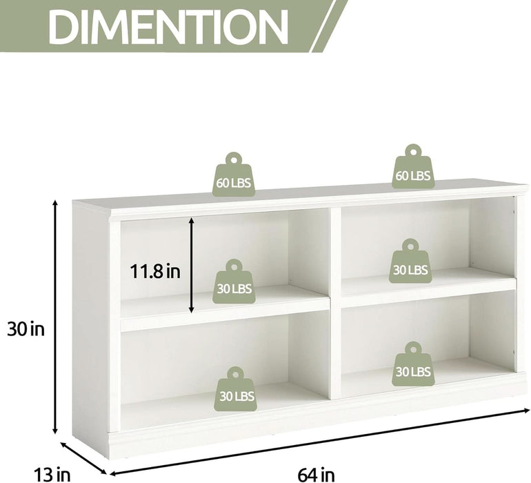 White Bookshelf Double Wide 64“ 2-Tier Bookcase 4 Cube Storage Organizer Wooden Bookcases for Bedroom and Home Office Decor Display