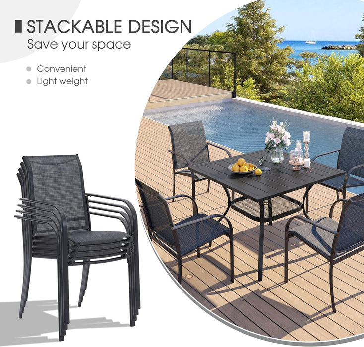 5 Pieces Patio Dining Set, Outdoor Furniture Set Includes 1 Square Patio Table and 4 Stackable Patio Sling Chairs, Outdoor Table and Chairs for Outsides, Black Table and Grey Chairs