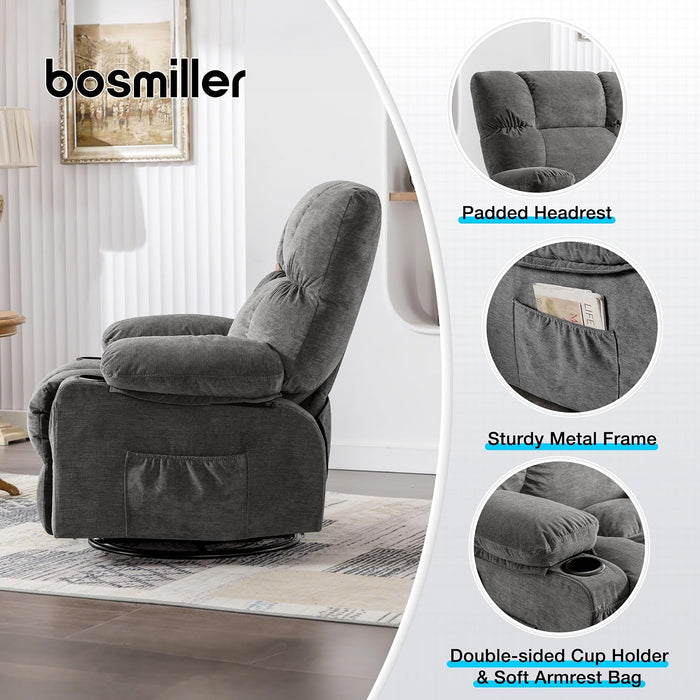 Oversized Recliner Chair with Massage and Heat, 360° Swivel Rocker