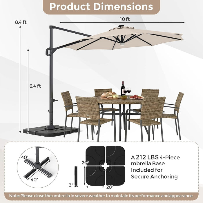 10 FT Solar Patio Umbrella with Base Included, Cantilever Offset Outdoor Umbrella with 35 LED Lights & Center Light, 360° Rotation, Aluminum Pole, 8 Heavy-Duty Ribs for Yard Pool Deck
