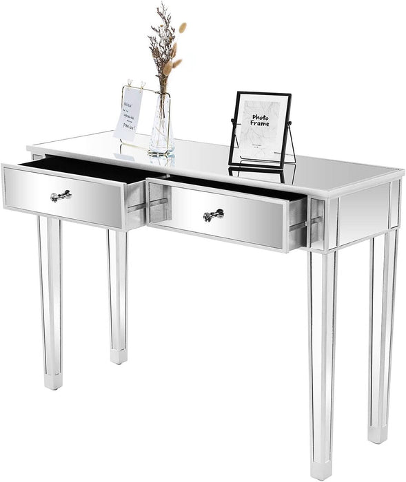 42" Silver Mirrored Vanity Desk, Makeup Table with 2 Drawers, Mirrored Console Table, Mirror Desk with Drawers, Mirror Console Tables for Women Girls Entryway Home Office Writing Desk