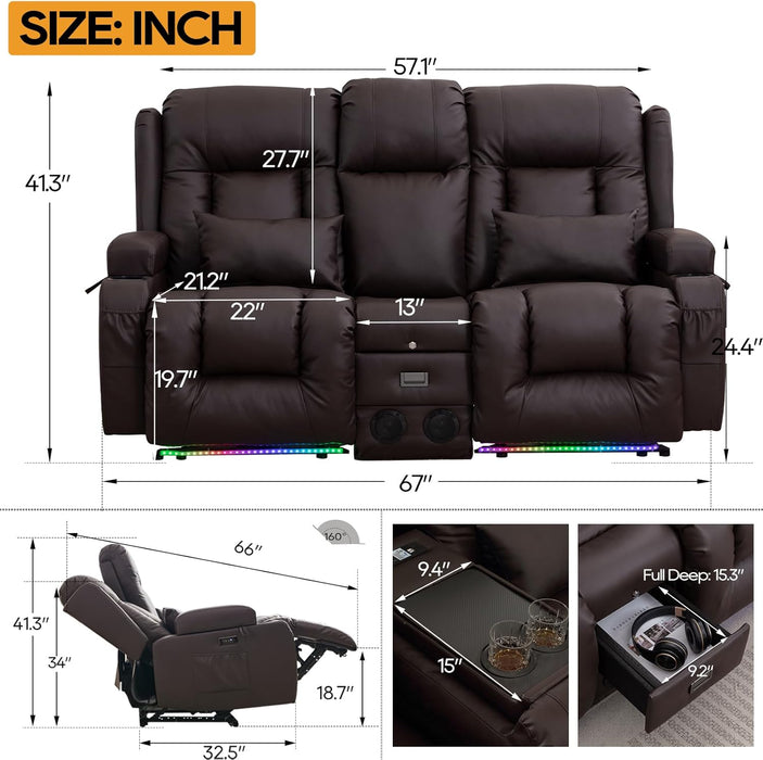 Power Loveseat Recliner Sofa, Home Theater Seating with Console, PU Leather Reclining Sofa with 4 Colors LED Lights, AC Outlets, USB-A/C Ports and Cup Holders(Brown, 2-Seater) | Electric Control, Bluetooth Speaker, Vibration Massage, Waist Heating, 4 Colors LED Strips, Charging Interface