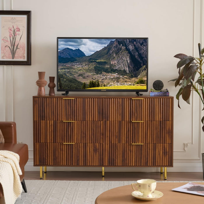 Dark Walnut Fluted 6 Drawers Dresser for Bedroom with Gold Handle