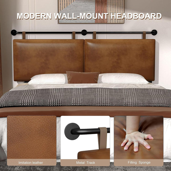 King Size Bed Headboard Wall Mount PU Leather Head Board Only Brown Hanging Head Boards, Industrial Pipe Modern Bed Backboard for Bedroom(Brown Leather, King)