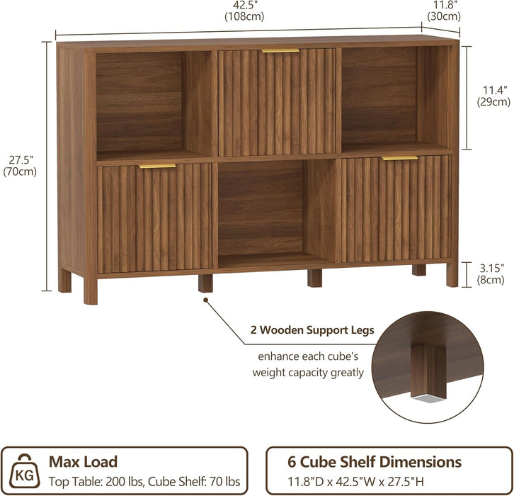 6 Cube Storage Organizer Fluted Bookcase with Reversible Door