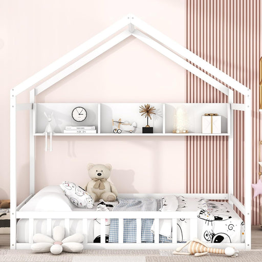 Full Floor Bed for Kids, Girls, Boys, Wood House Bed Frame, House Floor Bed for Kids, Full Size Montessori Floor Bed with Fence, Playhouse for Kids, White with Shelf