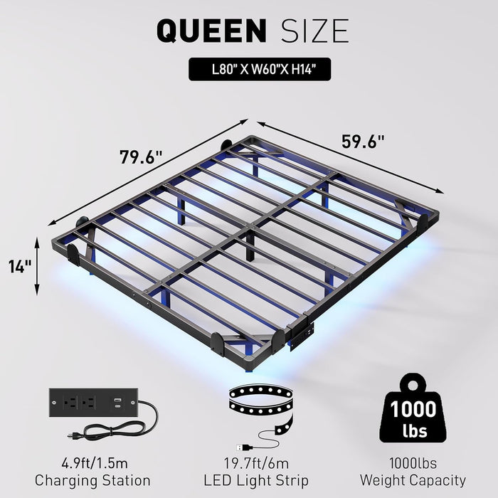Floating Queen Bed Frame 14 Inch, Metal Platform Bed Frame with Smart LED Lights & Charging Station, Noise Free Storage Bed, No Box Spring Needed,Black
