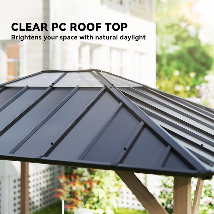 10' X 12' Hardtop Gazebo with Galvanized Steel Roof, Wood Permanent Pavilion Canopy Shelter with Clear Roof Top, UPF50+ Protection, Ceiling Hooks for Lawn, Backyard, Deck, Light Walnut