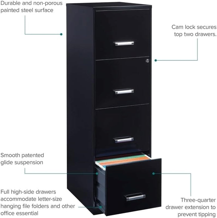 Black Metal Letter File Cabinet, 18" Deep, 4 Drawers