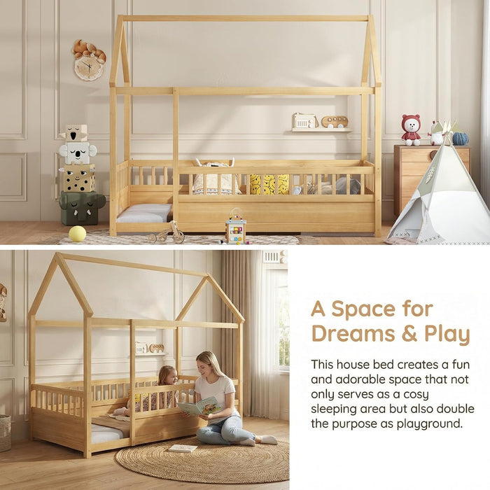 Natural Wooden Montessori Platform Bedstead With Fence