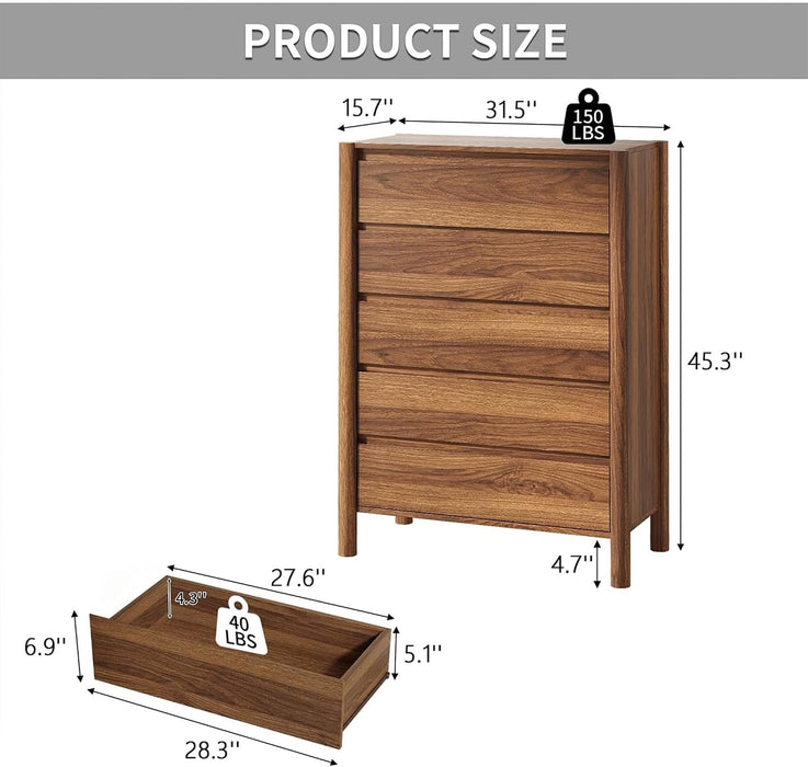 45" Tall Walnut 5 Drawer Dresser for Bedroom with Solid Wood Legs