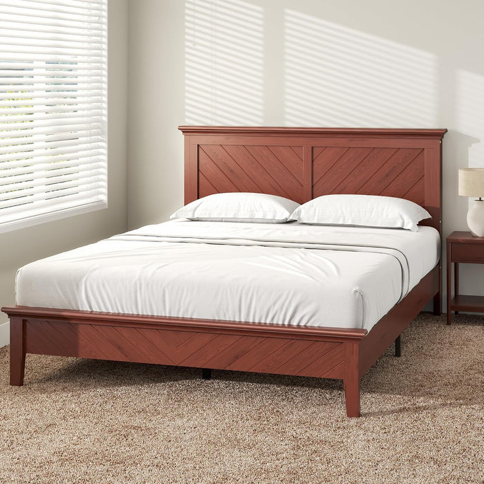 Solid Acacia Wood Queen Bed Frame with Headboard Cherry Finish