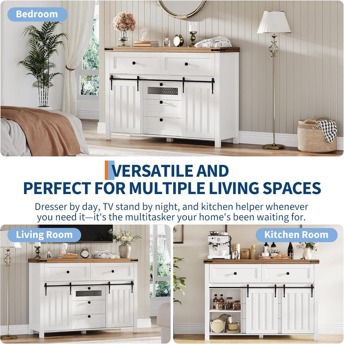 Farmhouse Buffet Cabinet, Sideboard Storage Cabinet with 5 Drawers and Sliding Barn Doors, Wood Coffee Bar Table with Adjustable Shelf for Living Room, Dining Room