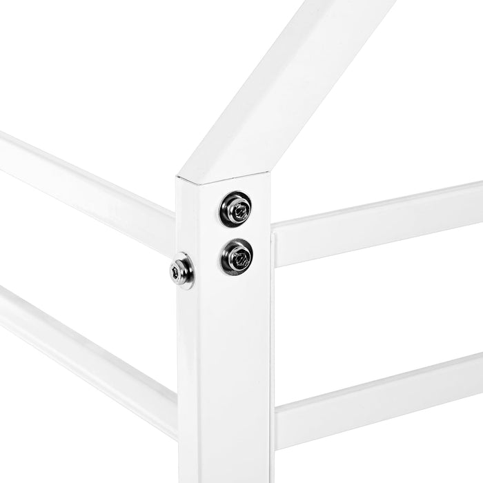 Twin over Twin Metal Floor Bunk Bed with Slide,Metal Junior House Twin Size House Bunk Bed Frame with Ladder & Roof for Boy Girl, No Box Spring Needed,Low Bunk Bed Frame with Convertible Slide