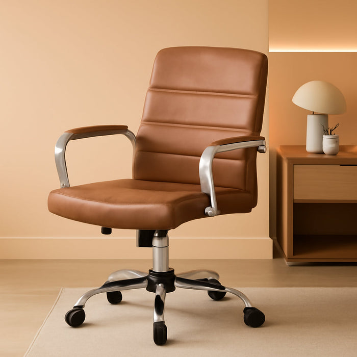 Mid-Back Office Chair with Arms Swivel PU Leather Height Adjustable Office Executive Chair, Retro Brown