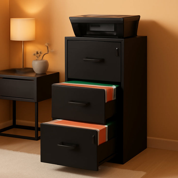 3 Drawer File Cabinet, File Cabinet with Lock, Printer Stand, Office Filing Cabinet Organizer, for A4 and Letter Size Files, Ink Black UOFC055B16