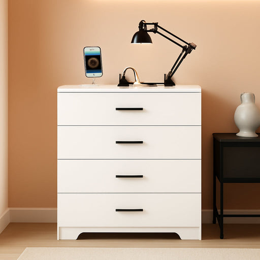 Dresser with Power Outlets Wooden 4 Drawer Dresser with USB and Type C Port Chest of Drawers for Bedroom Tall White Organizer Storage for Living Room Hallway Closet