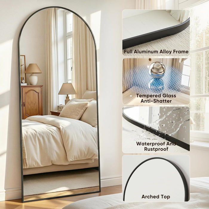 Full Length Mirror, 76"X34" Floor Mirror with Stand, Hanging Mounted Mirrors for Bedroom, Living Room, Cloakroom, Dining Room, Black, Arched