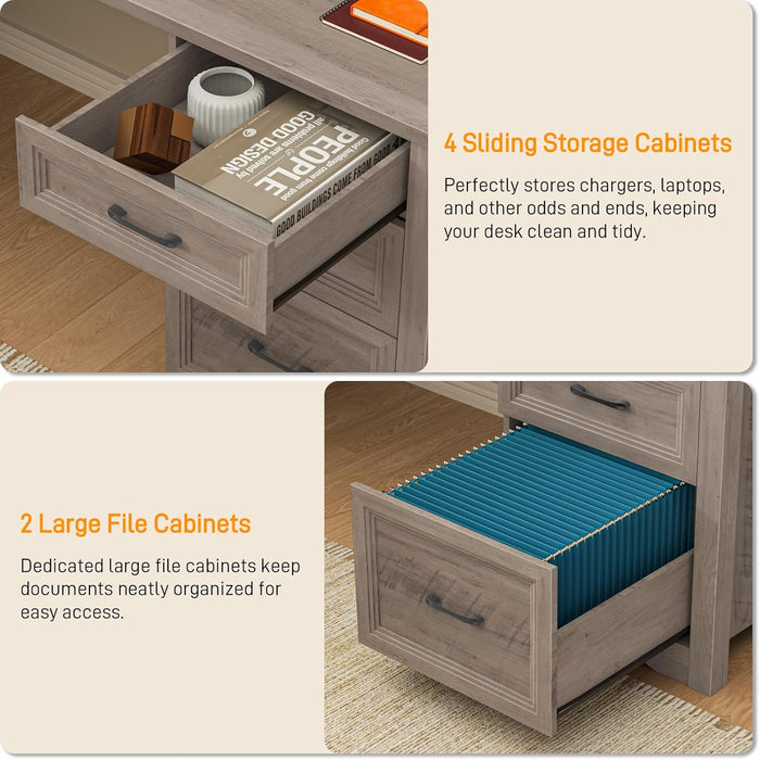 Farmhouse Home Office Desk with 6 Drawers, L Shaped Executive Desk with Power Outlets and Triangle Under-Desk Storage Shelf & Drawer File Cabinet, Corner Computer Desk, Grey