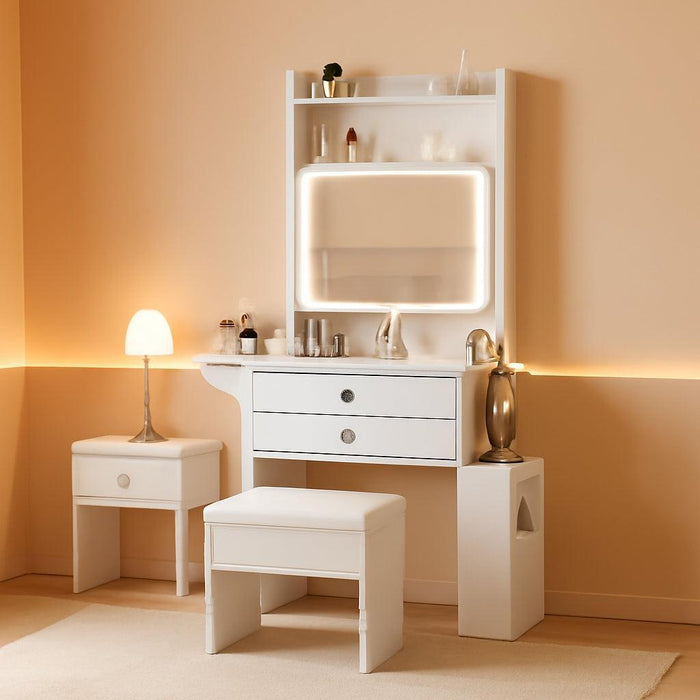 Small Makeup Vanity Desk with 3 Adjustable Lighted Mirror, White Vanity Set with Fold-Up Panel and Charging Station, Glass Top Dressing Table with Drawers and Chair, 2 Hidden Storage Shelves