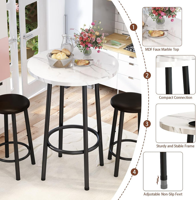 Dining Table Set for 2 - 24" round Kitchen Table with MDF Tabletop & 2 PU Leather Chairs, Bar Pub Set for Small Space Kitchen Living Room Apartment, White