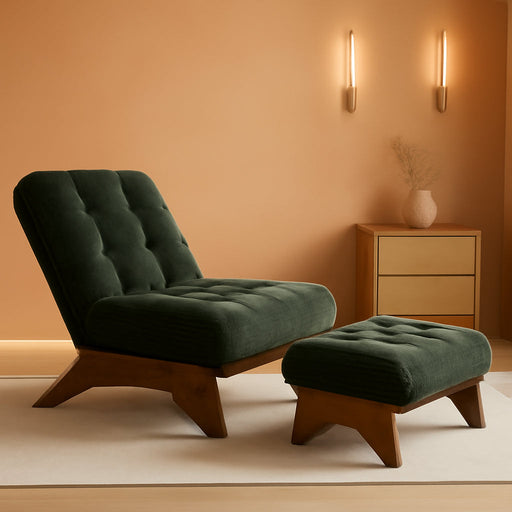 Accent Chair with Ottoman Adjustable Backrest, Tufted Living Room Chair Upholstered Lounge Chair with Footrest Set, Modern Chair Cozy Reclining Chair for Reading Room, Green