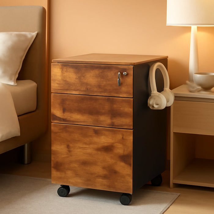 3 Drawer Rolling File Cabinet with Lock, Wood under Desk Filing Cabinet Fits Letter/Legal/A4 Size for Home Office, Rustic Brown