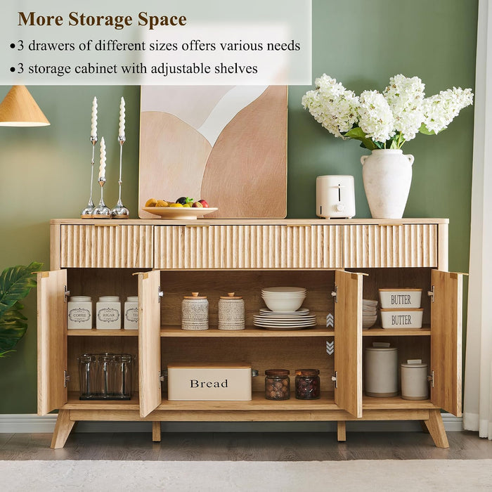 60 Inch Fluted Buffet Sideboard Cabinet, Natural Oak | Modern Coffee Bar Storage Cabinet with 3 Drawers, for Dining Room, Living Room, Hallway, Oak Wood Grain, Adjustable Shelves