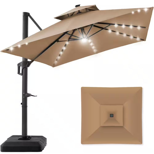 10 Ft. Solar LED 2-Tier Square Cantilever Patio Umbrella with Base Included in Tan