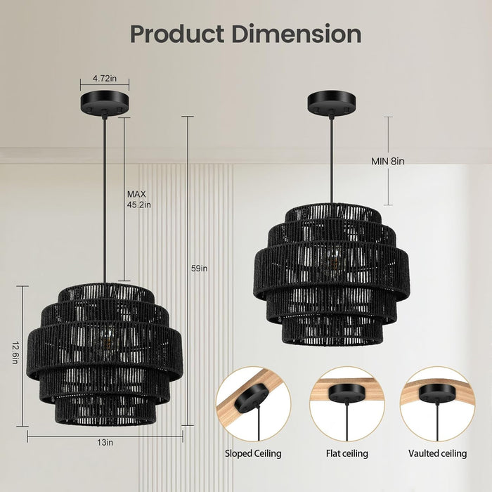 Black Boho Rattan Chandelier With Handwoven Shades